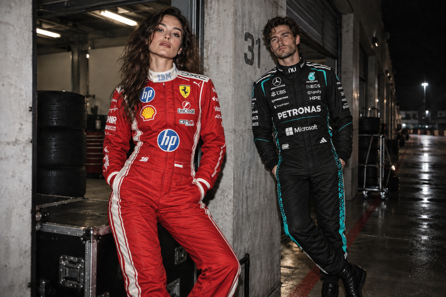 A woman in a red racing costume and a man in a black racing costume in a night-time pit garage