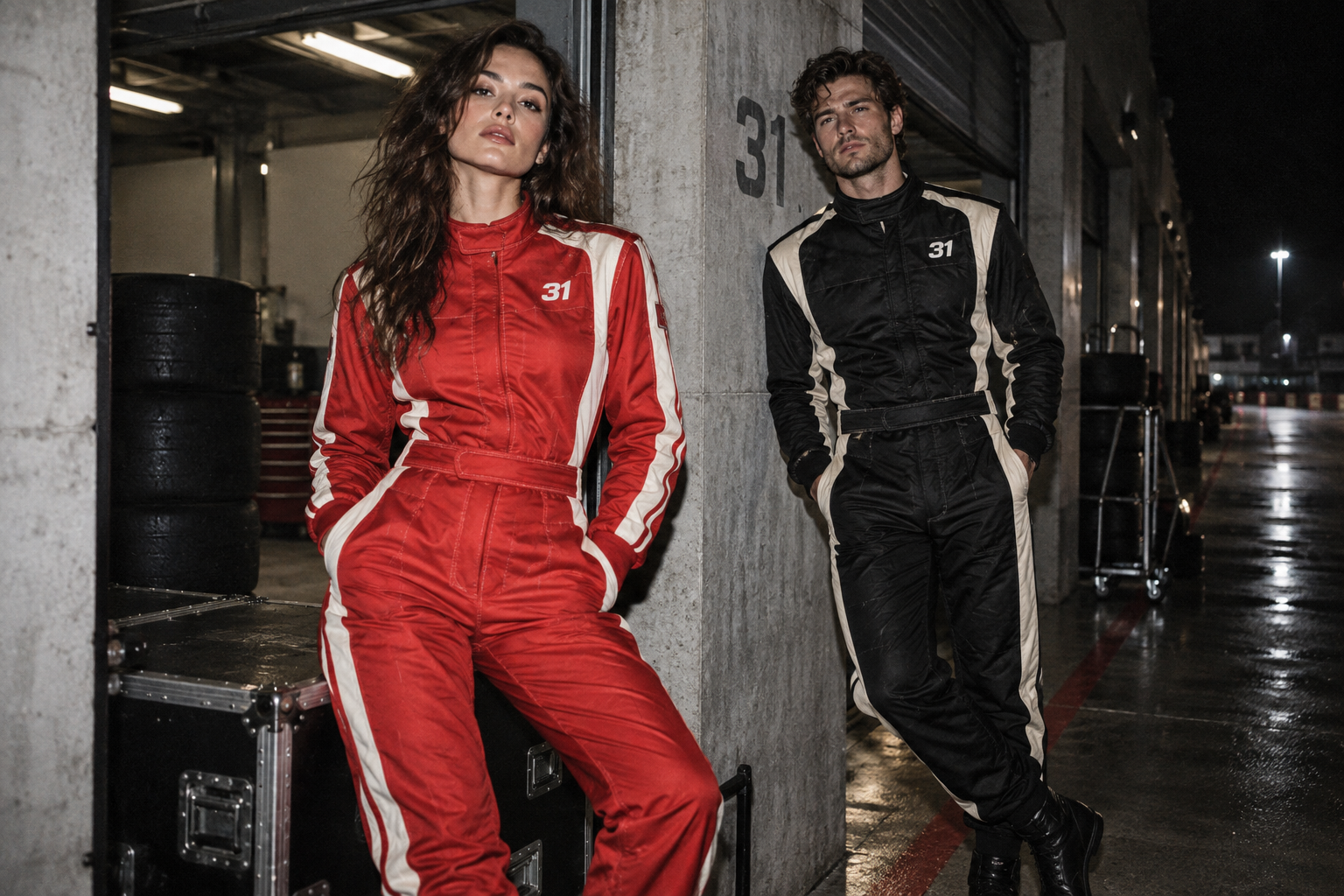 A woman in a red racing costume and a man in a black racing costume in a night-time pit garage