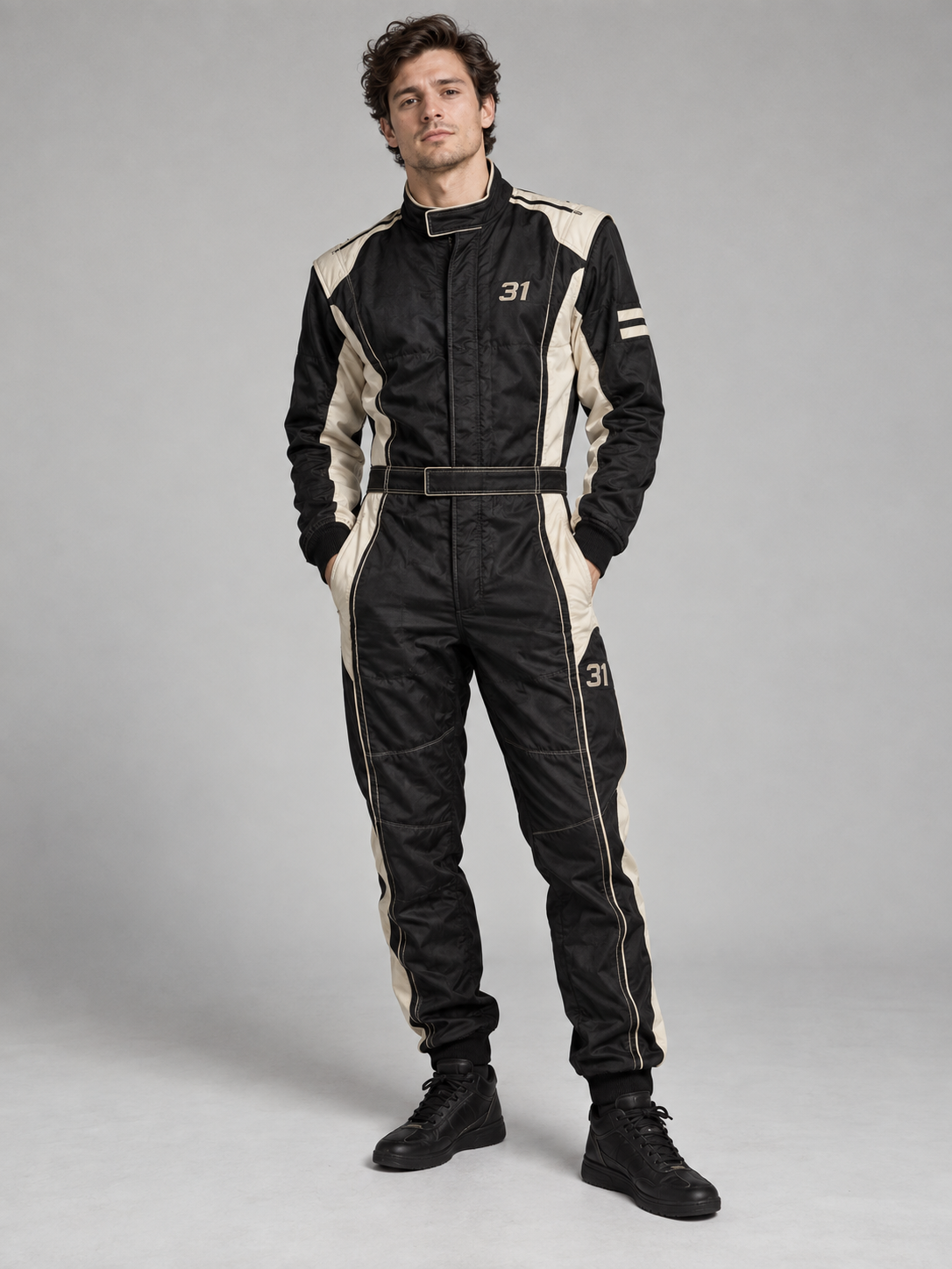 The Nightshift, a black men's racing jumpsuit with cream panels