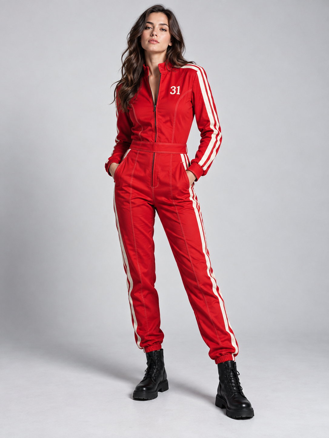 The Redline, a red women's racing jumpsuit with cream stripes